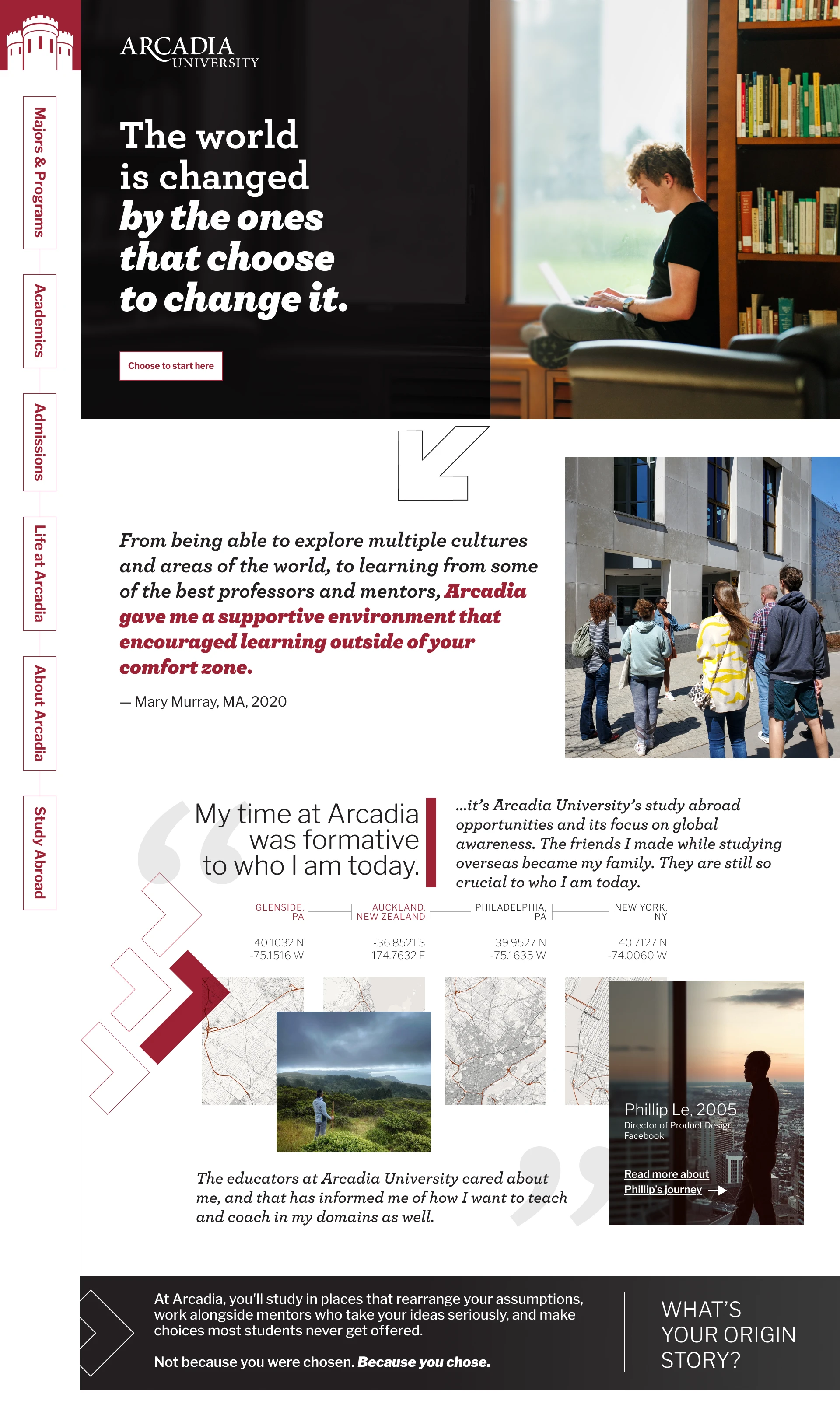Arcadia homepage concept mockup 2 — introspective hero and alumni story
